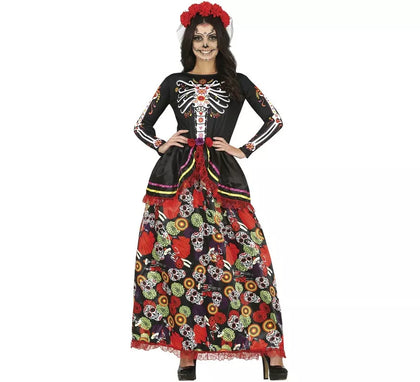 Disfraz de Catrina con vestido estampado para mujer