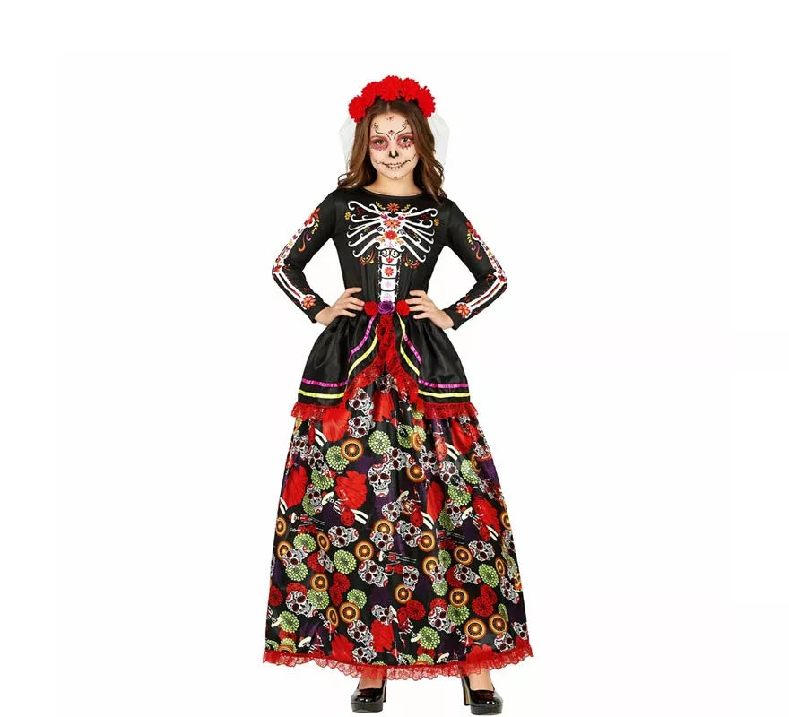 Disfraz de Catrina con vestido estampado para mujer