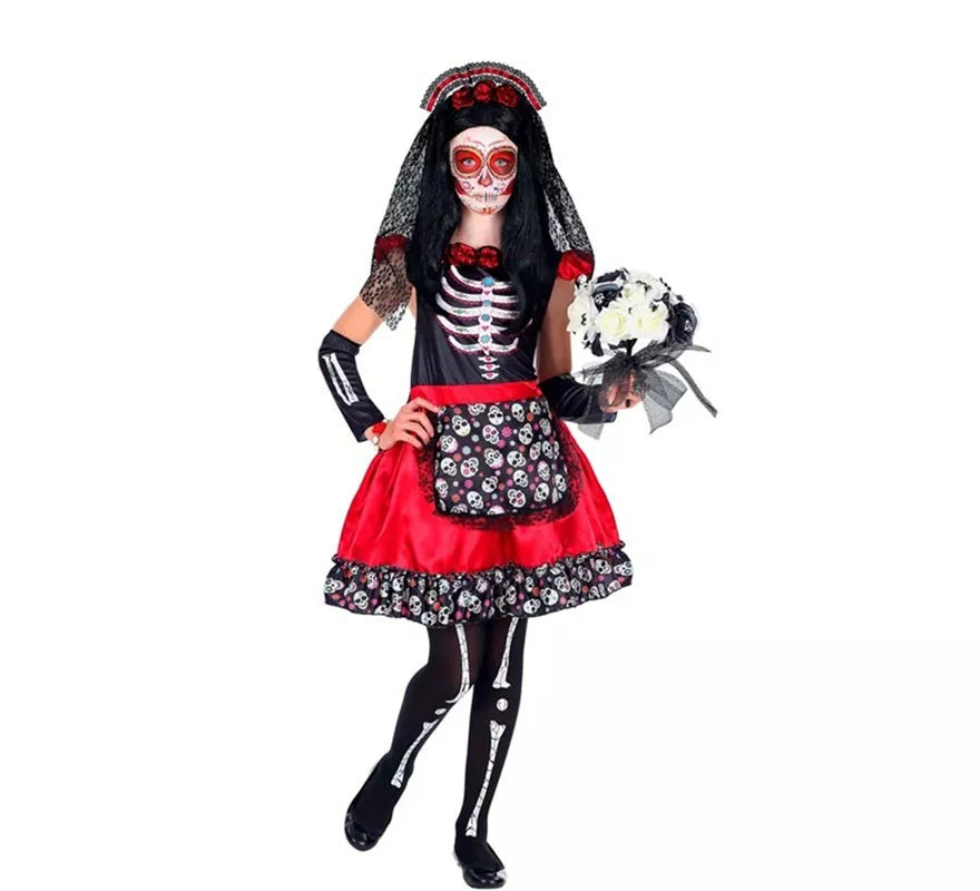 Translation missing: en.Disfraz de Catrina Día de Los Muertos con Velo para niña