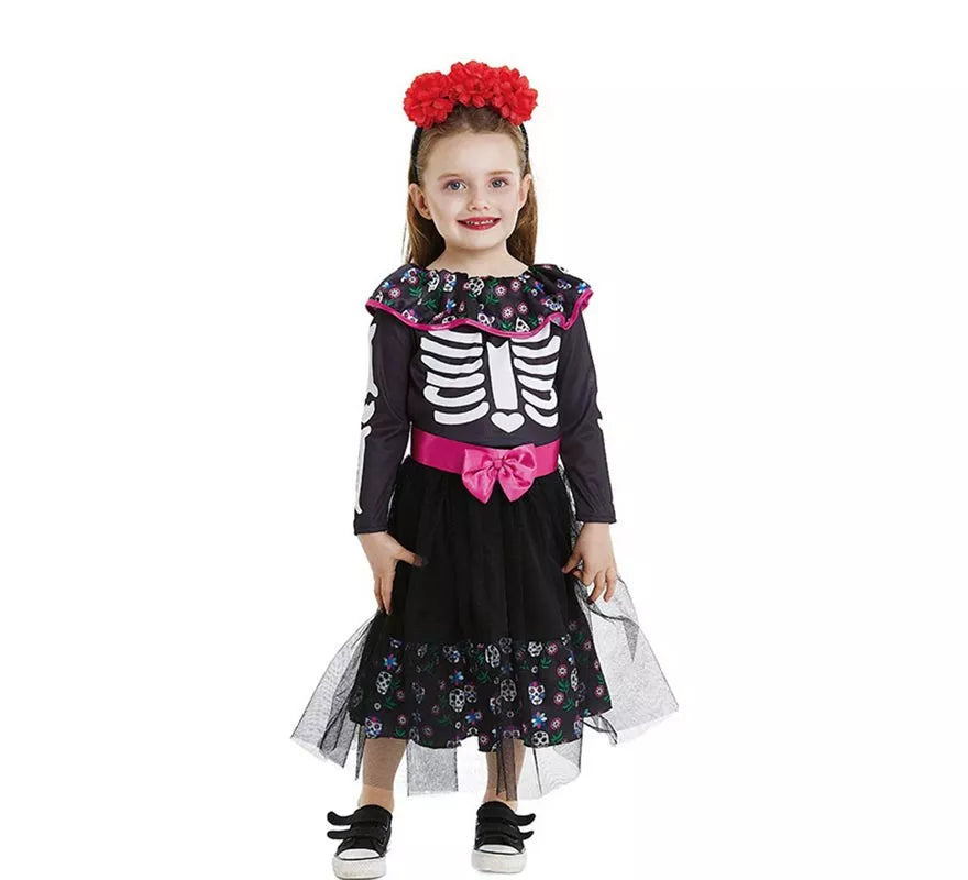 Disfraz de Catrina rosa con cinturón para bebé y niña