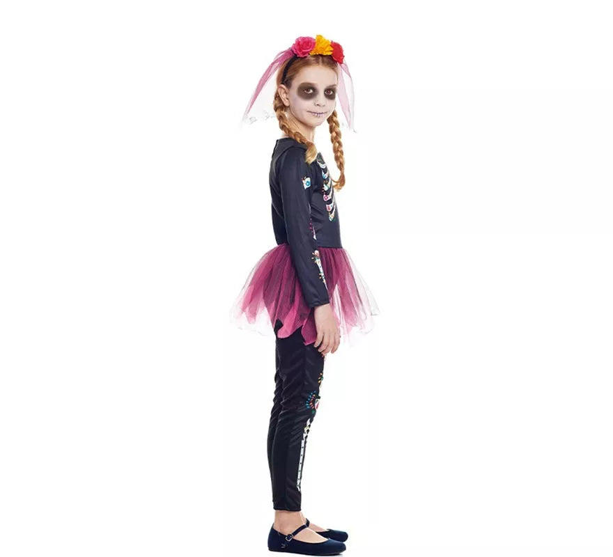 Translation missing: en.Disfraz de Catrina rosa con diadema y velo para niña