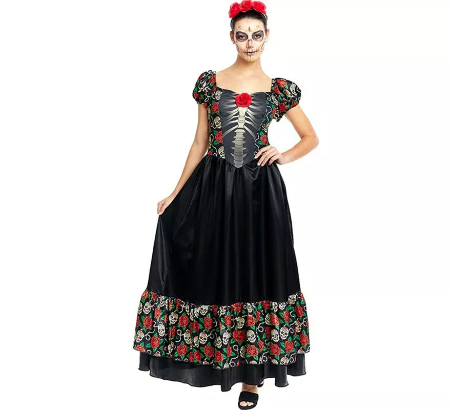 Disfraz de Catrina vestido largo negro para mujer