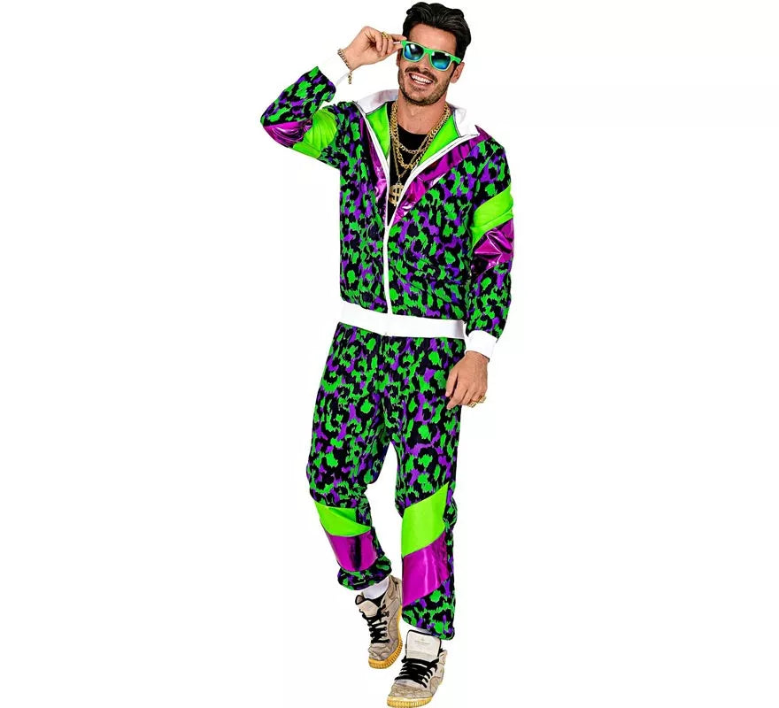 Translation missing: en.Disfraz de Chándal Animal Print Años 80 verde neón para adulto