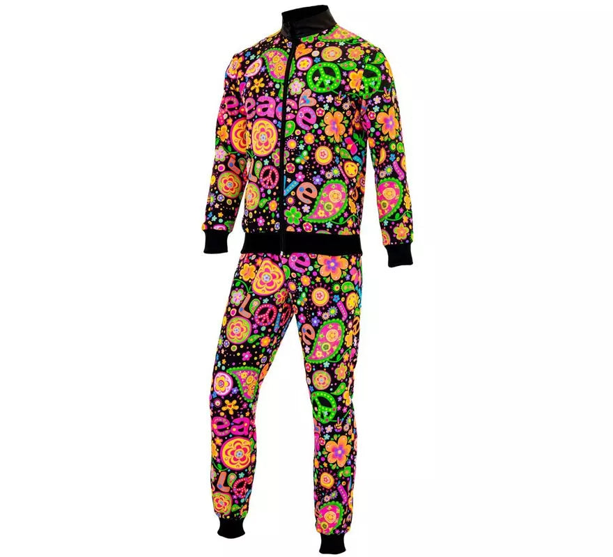 Disfraz de Chándal Hippie Groovy Love fluorescente oscuro para adulto