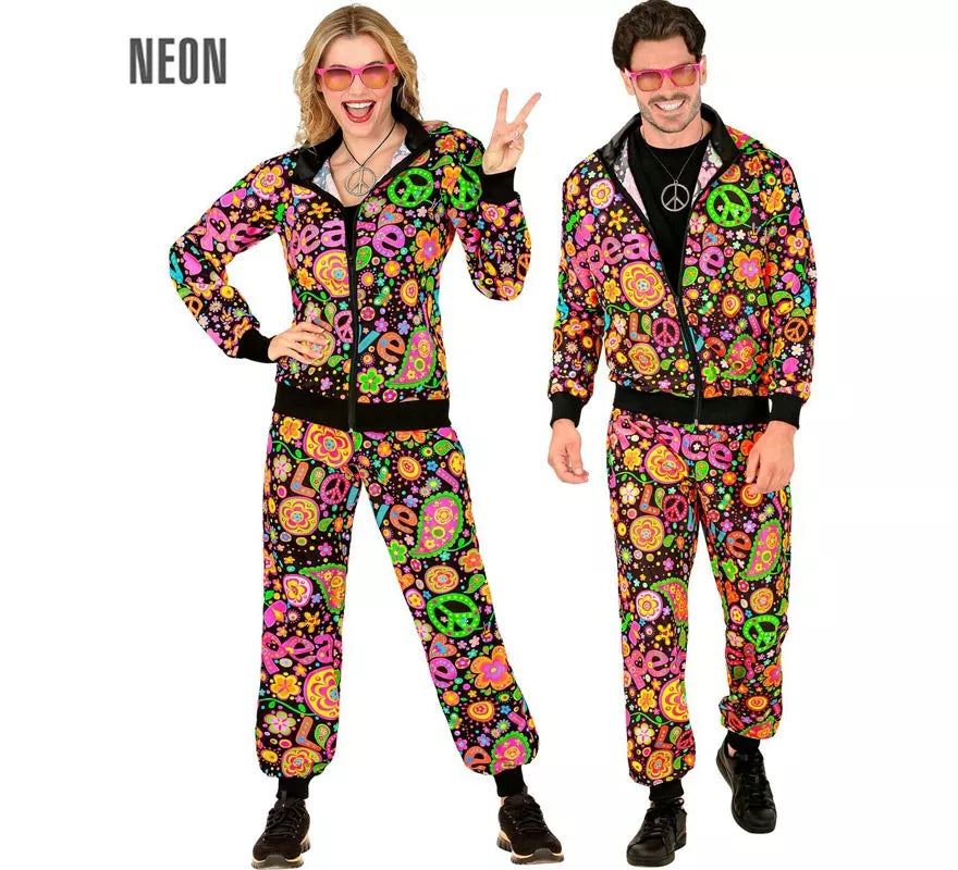 Disfraz de Chándal Hippie Groovy Love fluorescente oscuro para adulto