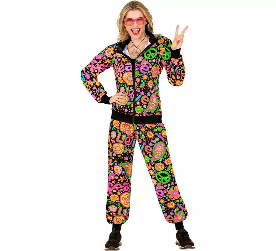 Disfraz de Chándal Hippie Groovy Love fluorescente oscuro para adulto