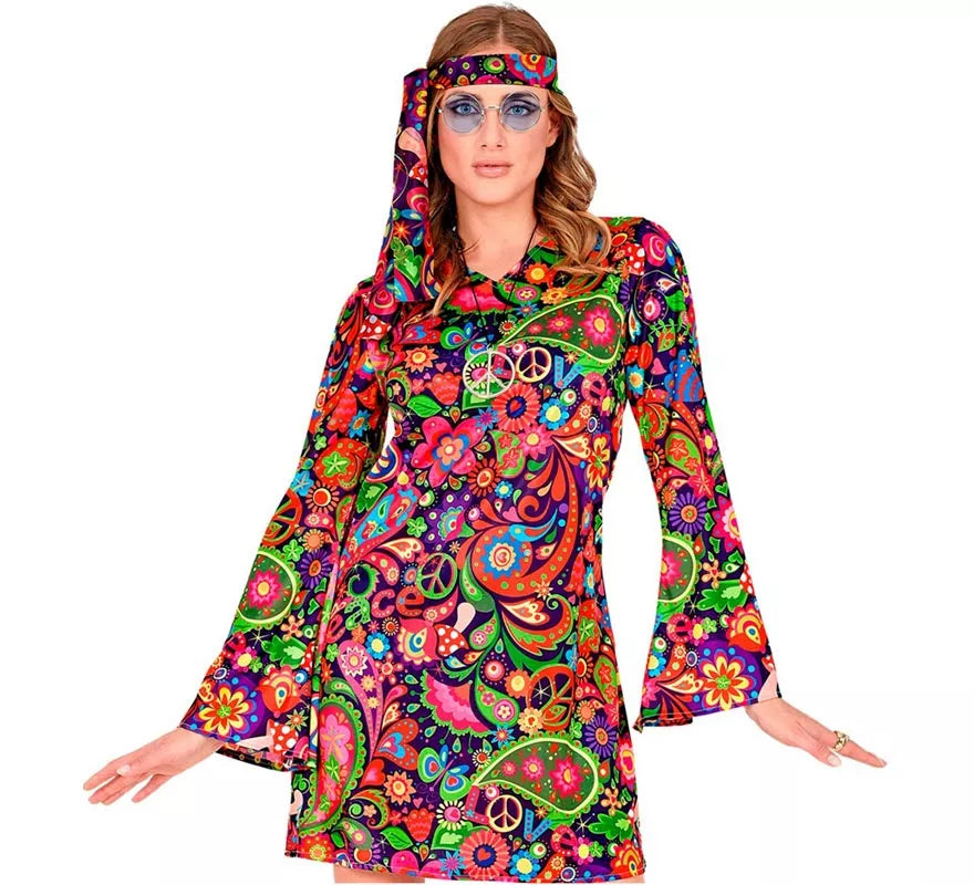 Disfraz de Chica Hippie en vestido psicodélico para mujer