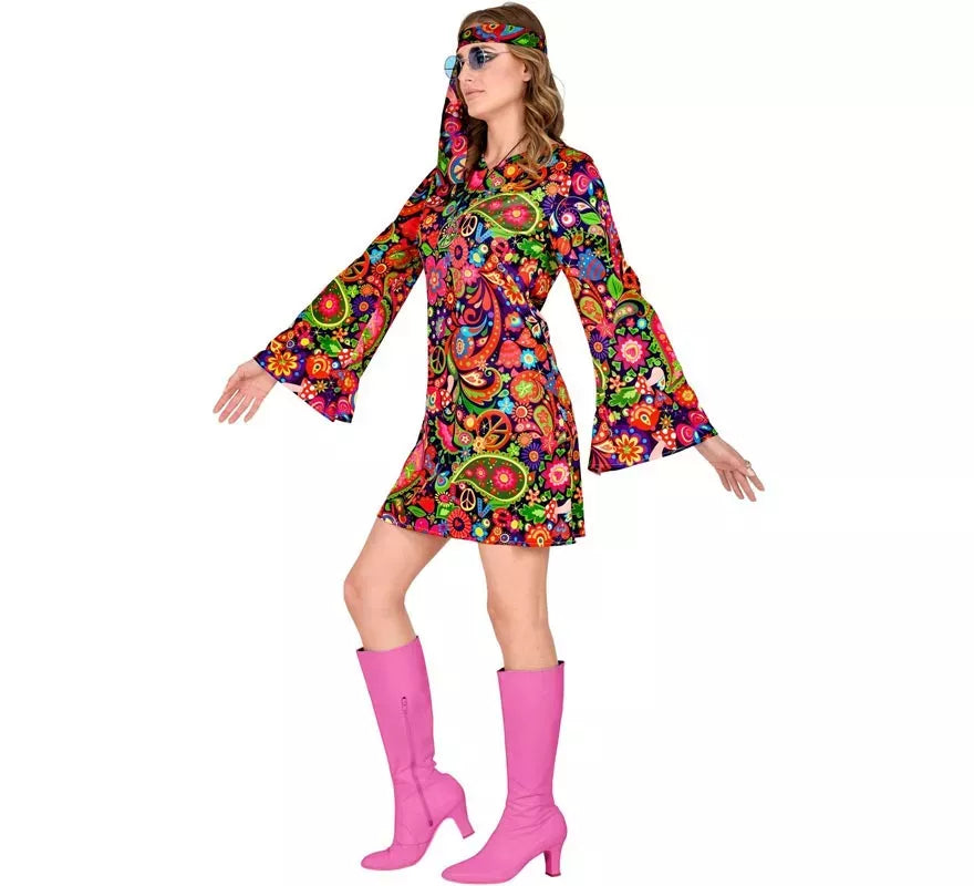 Disfraz de Chica Hippie en vestido psicodélico para mujer