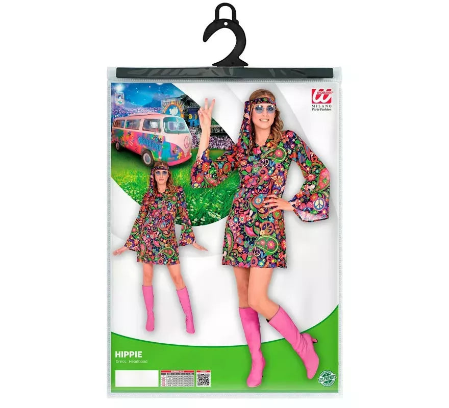 Disfraz de Chica Hippie en vestido psicodélico para mujer