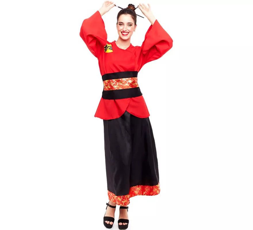 Disfraz de China Aldeana Rojo y Negro para mujer