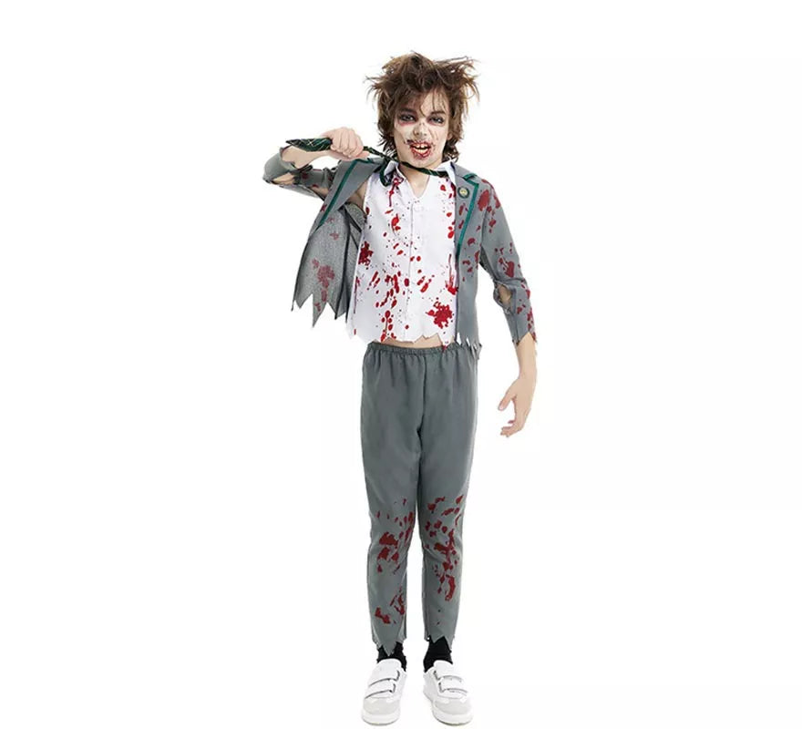 Disfraz de Colegial Zombie gris con chaqueta para niño