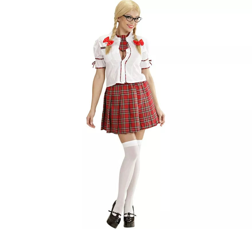 Disfraz de Colegiala blanco y rojo con corbata para mujer