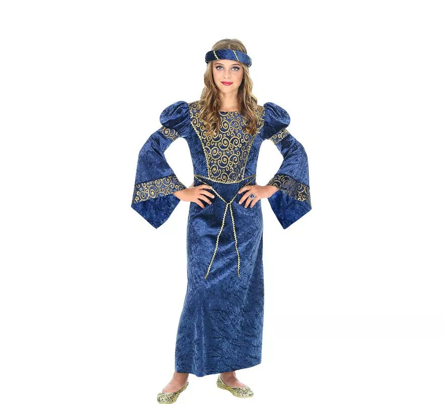 Disfraz de Dama del Renacimiento azul y dorado para niña