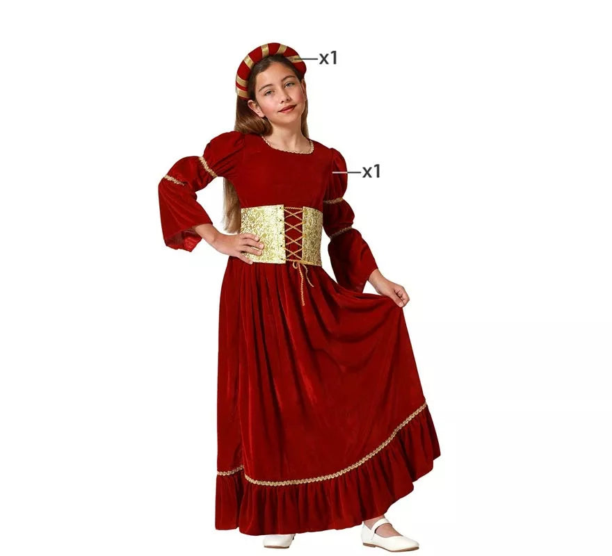 Disfraz de Dama Medieval Renacentista rojo para niña