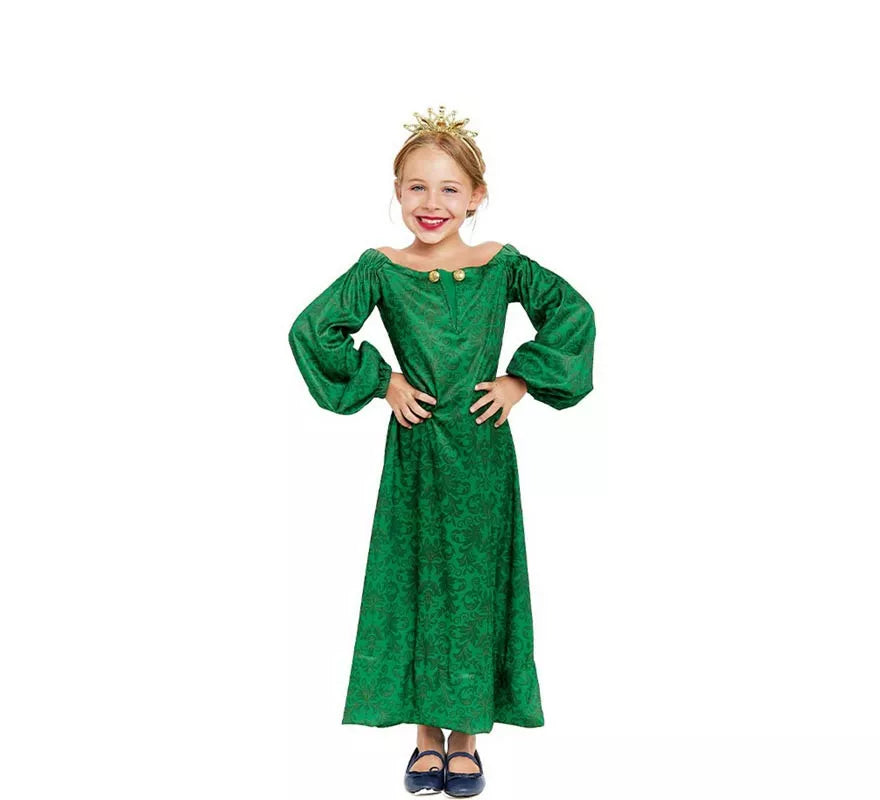 Disfraz de Dama Medieval verde estampado para niña