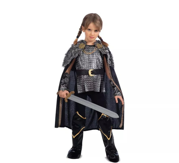 Disfraz de Dama Vikinga plateado con capa para niña