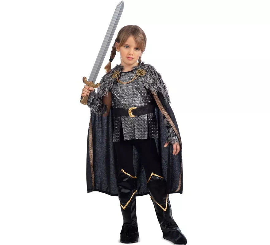 Disfraz de Dama Vikinga plateado con capa para niña