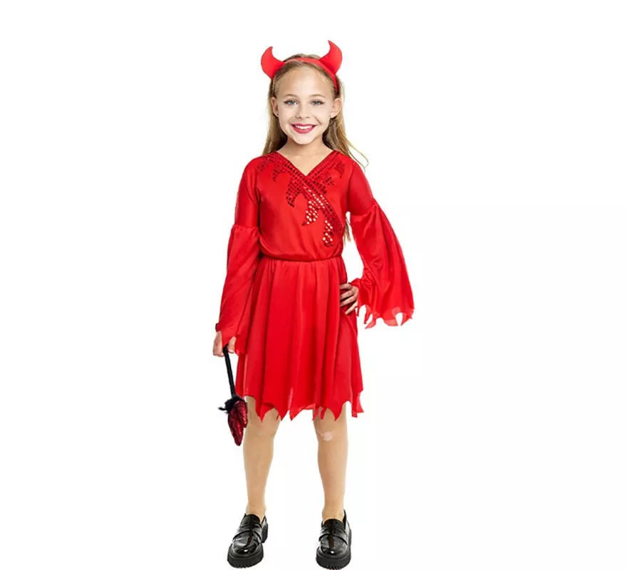 Translation missing: en.Disfraz de Diablesa moderna roja con diadema para niña