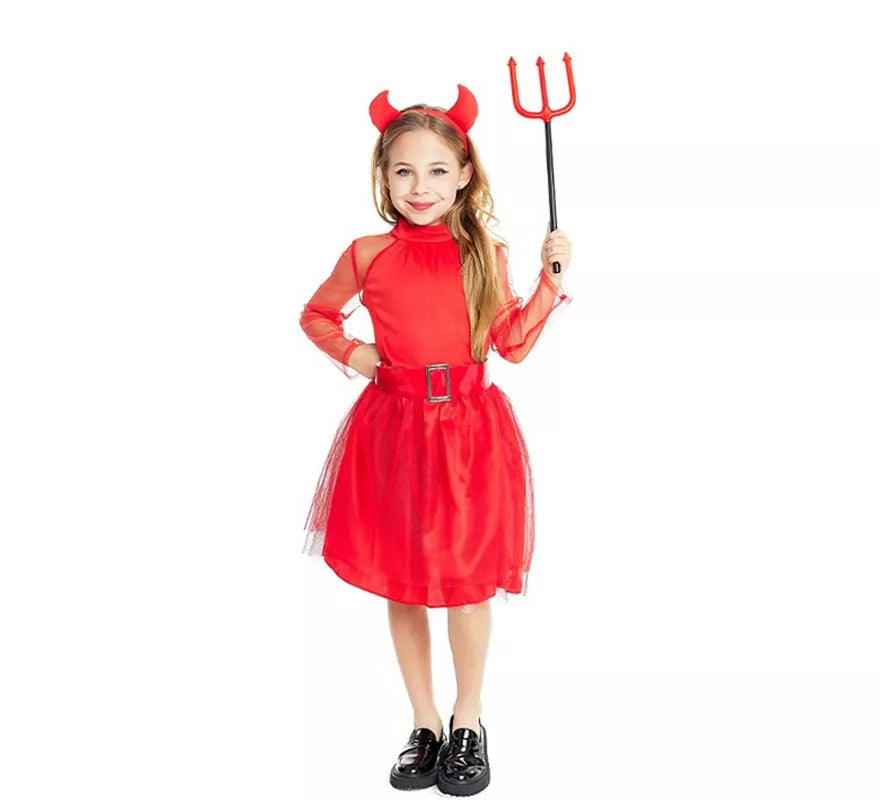 Disfraz de Diablesa moderna roja con diadema y cola para niña