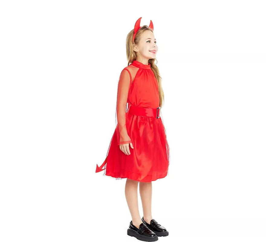 Disfraz de Diablesa moderna roja con diadema y cola para niña