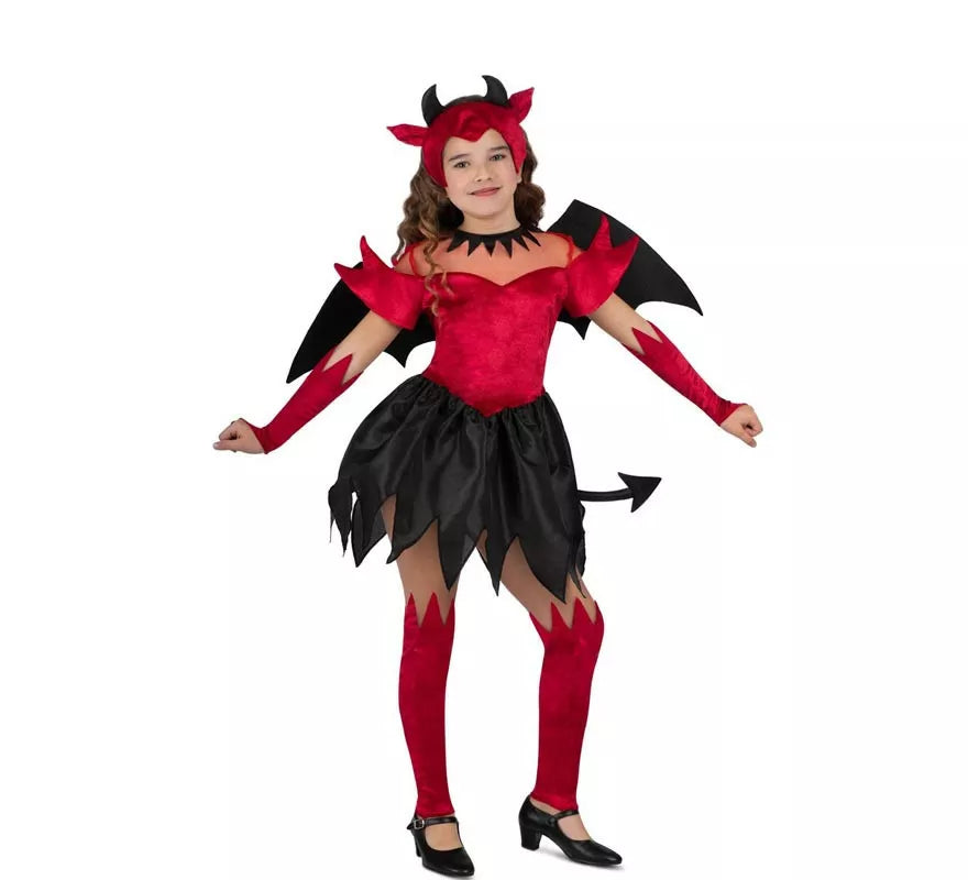 Disfraz de Diablesa rojo y negro con alas para niña