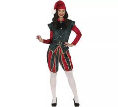 Green and red Page Elf costume with hat for women