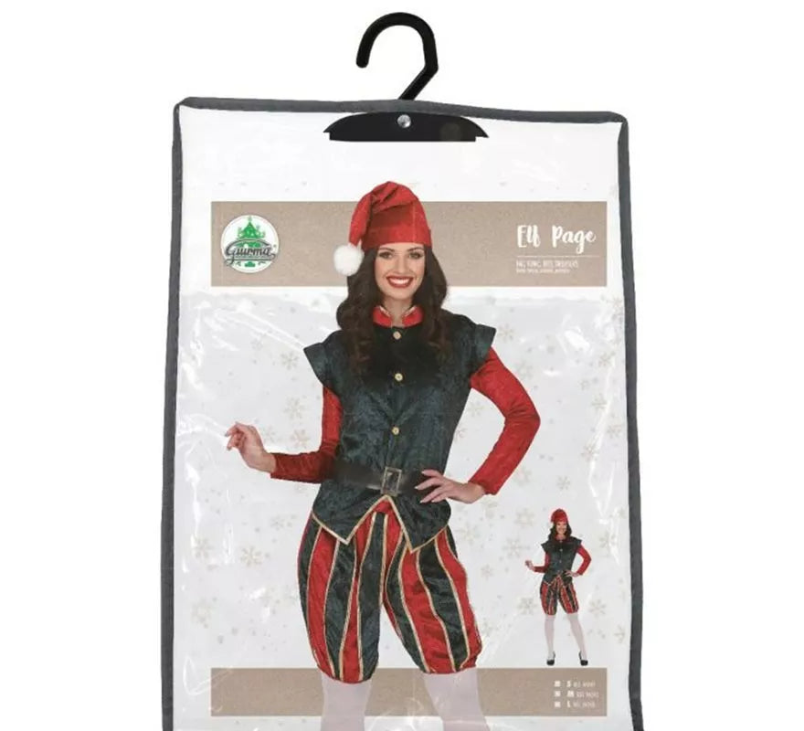 Translation missing: en.Disfraz de Elfa Paje verde y rojo con gorro para mujer