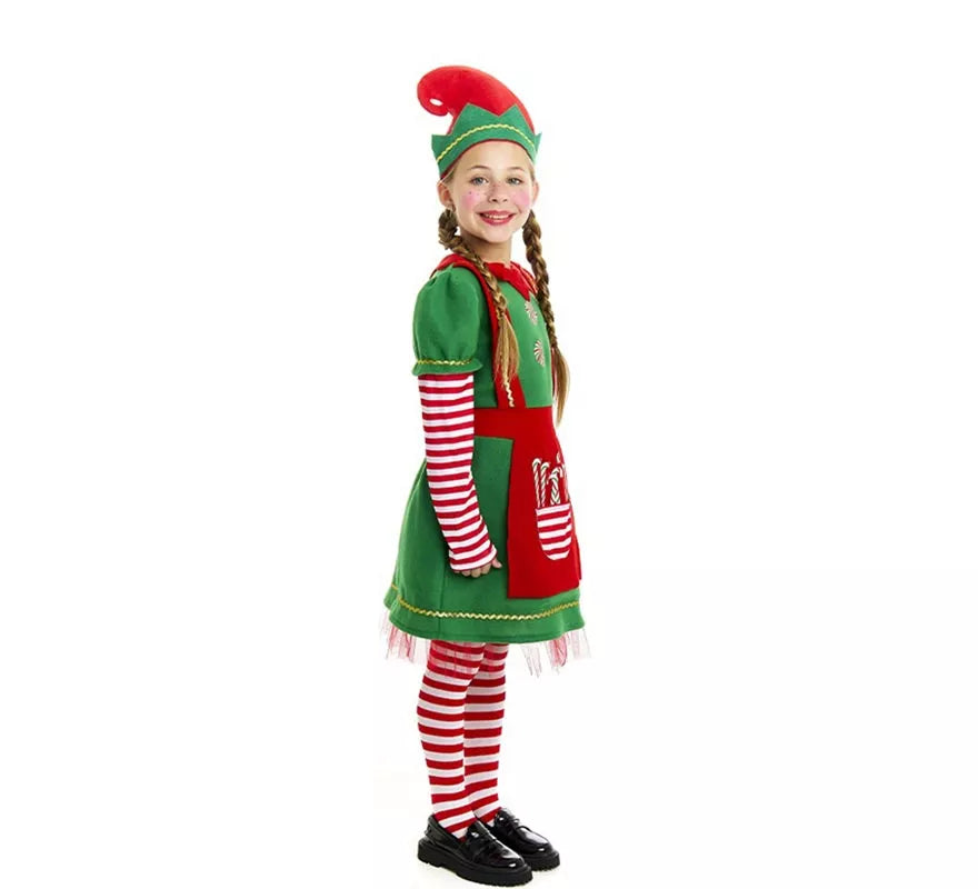 Disfraz de Elfa Polar en vestido verde y rojo para niña