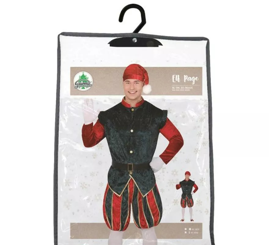 Translation missing: en.Disfraz de Elfo Paje verde y rojo con gorro para hombre