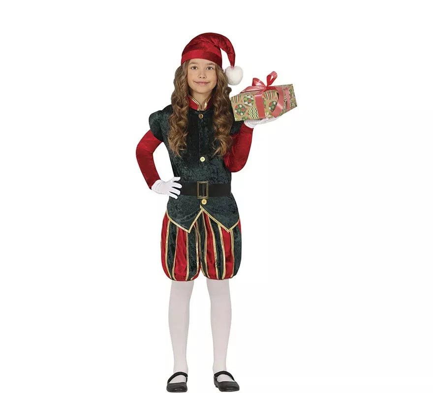 Disfraz de Elfo Paje verde y rojo con gorro para niños