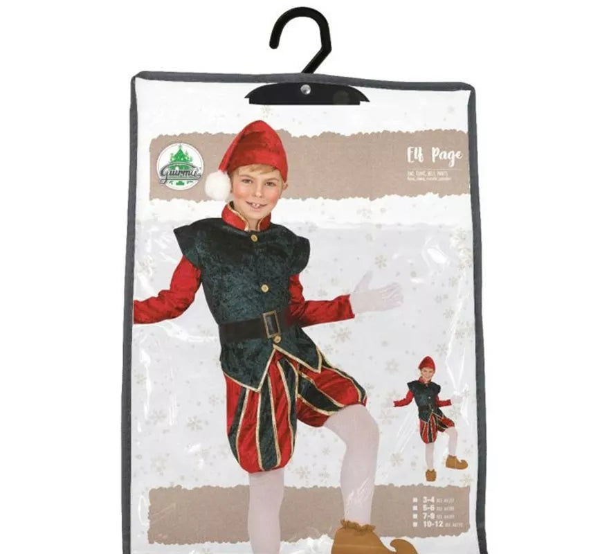 Translation missing: en.Disfraz de Elfo Paje verde y rojo con gorro para niños