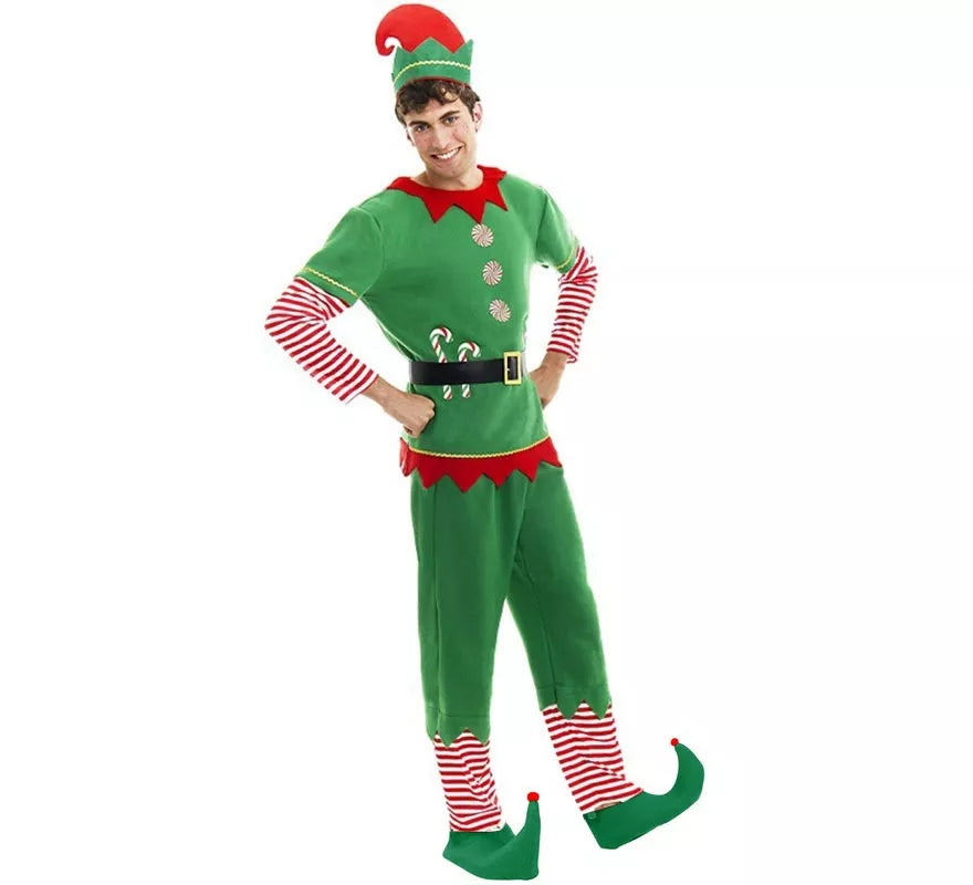 Disfraz de Elfo Polar verde y rojo con cinturón para hombre