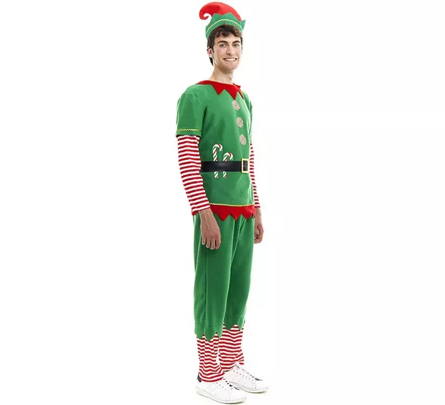Disfraz de Elfo Polar verde y rojo con cinturón para hombre