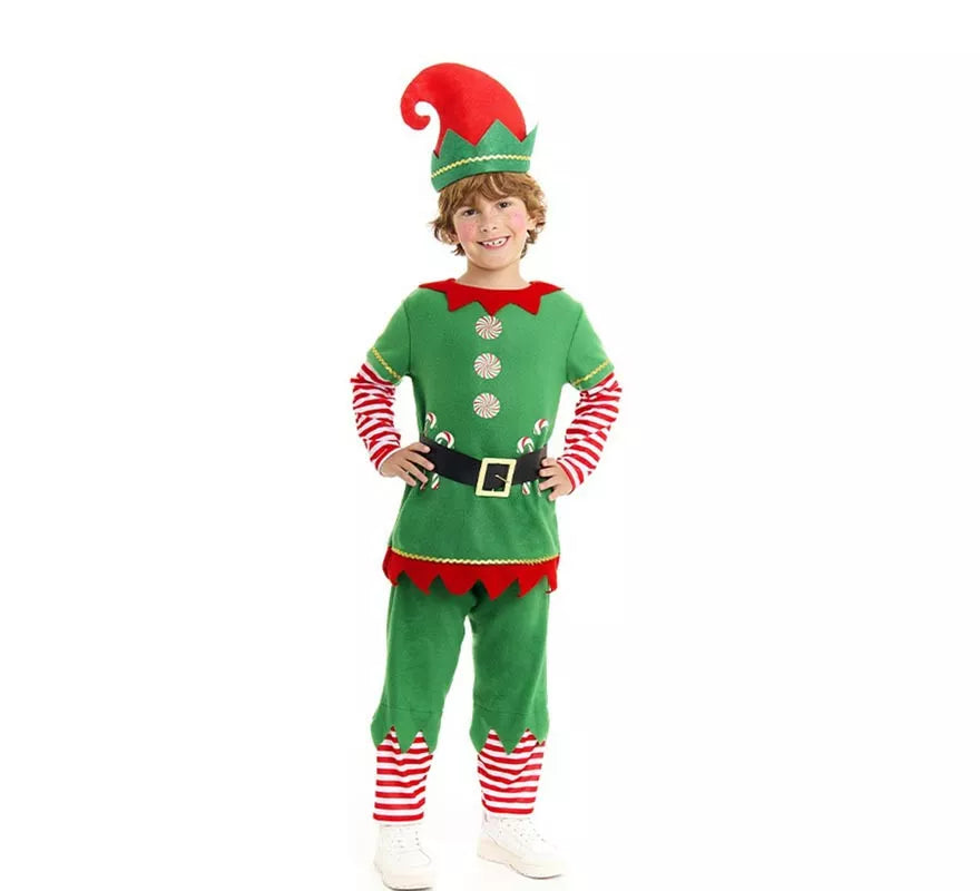 Translation missing: en.Disfraz de Elfo Polar verde y rojo con cinturón para niño