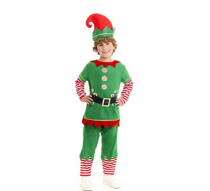 Disfraz de Elfo Polar verde y rojo con cinturón para niño