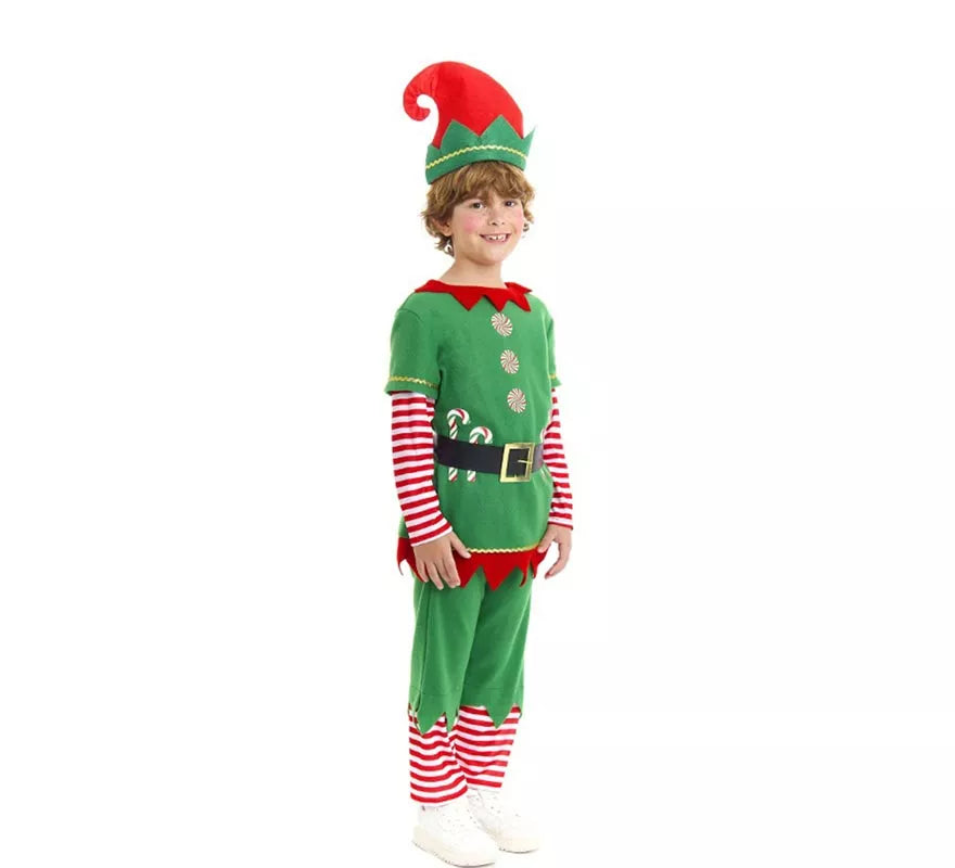 Translation missing: en.Disfraz de Elfo Polar verde y rojo con cinturón para niño