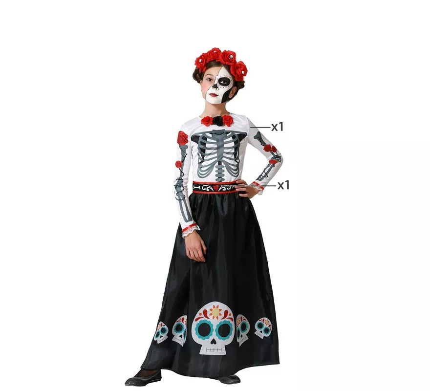Disfraz de Esqueleto Mejicano Catrina Rosas para niña