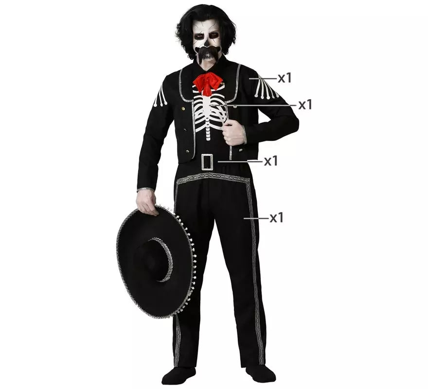 Disfraz de Esqueleto Mejicano Negro para hombre