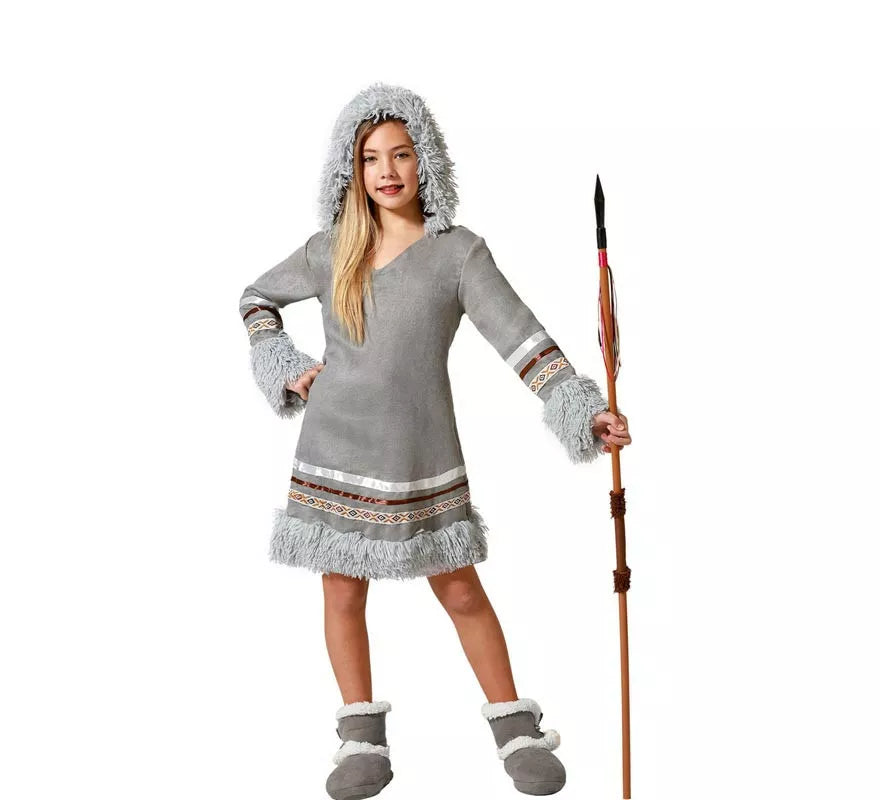Translation missing: en.Disfraz de Esquimal vestido gris con capucha para niña