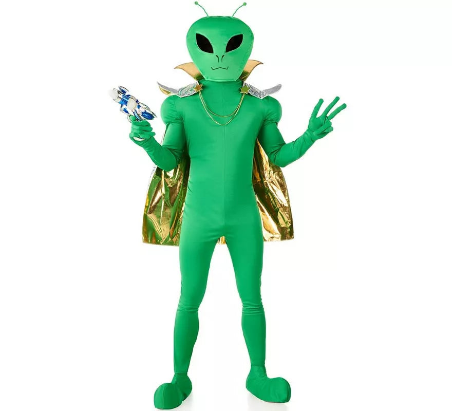 Disfraz de Extraterrestre verde con capa dorada para hombre