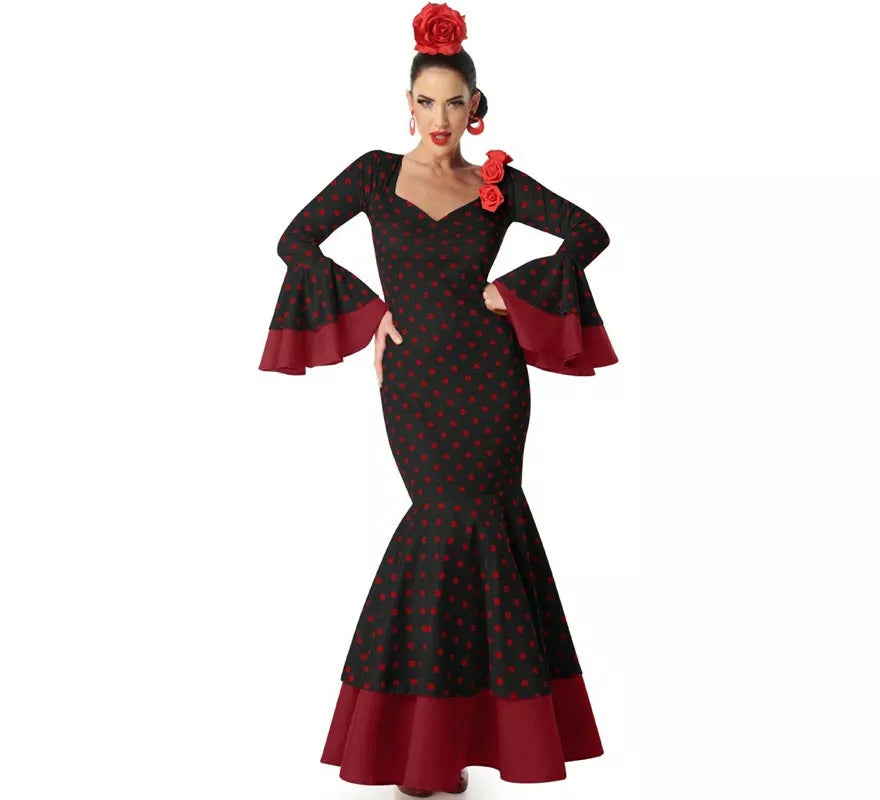 Disfraz de Flamenca negro con lunares rojos para mujer