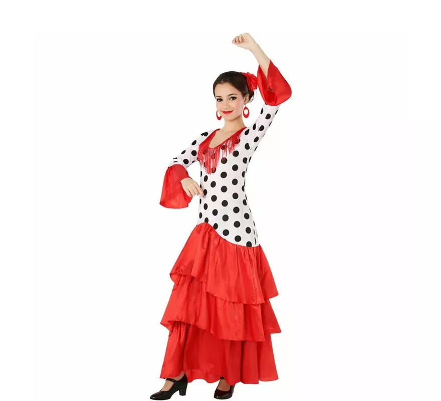 Translation missing: en.Disfraz de Flamenca o Sevillana blanco y rojo para mujer