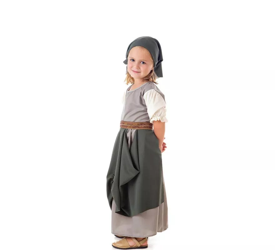 Translation missing: en.Disfraz de Frutera Medieval gris con pañuelo para niña