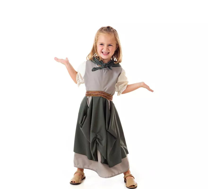 Translation missing: en.Disfraz de Frutera Medieval gris con pañuelo para niña