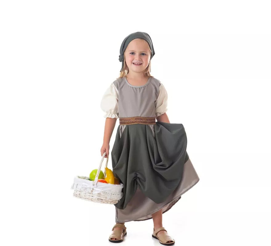Disfraz de Frutera Medieval gris con pañuelo para niña
