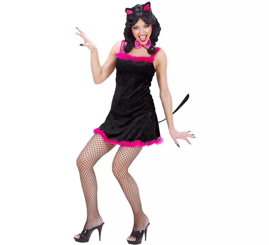 Disfraz de Gata en vestido negro de terciopelo para mujer