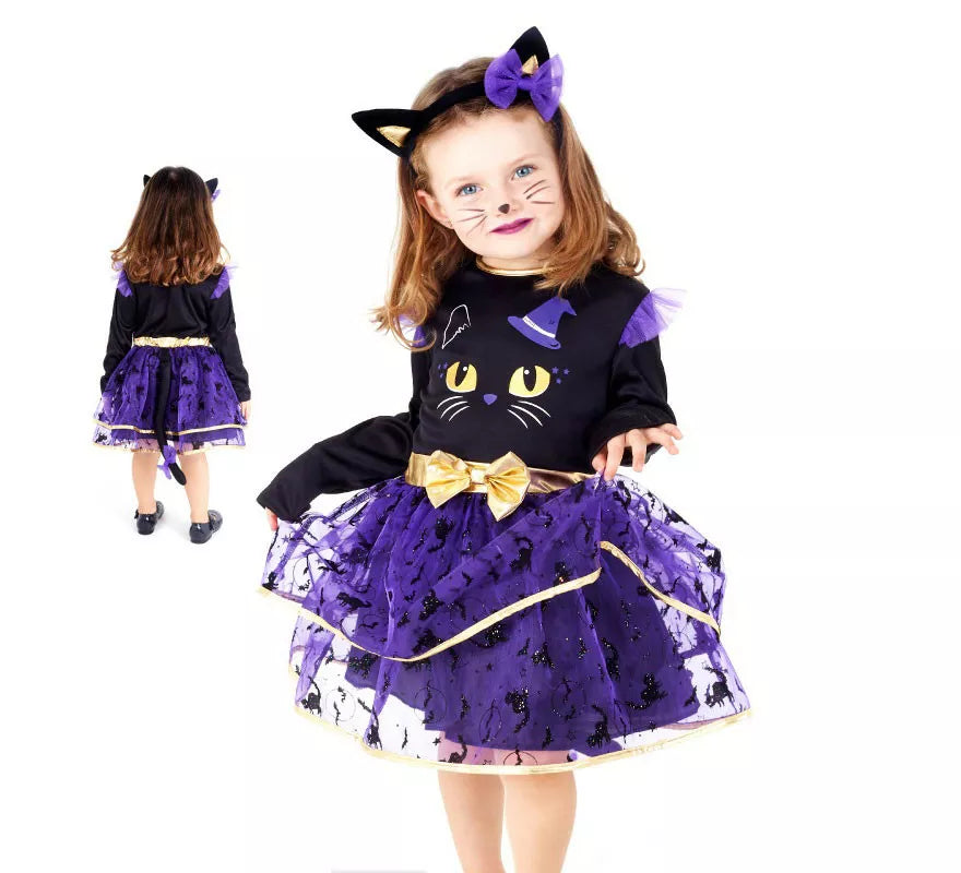 Disfraz de Gata negro y púrpura adorable para niña