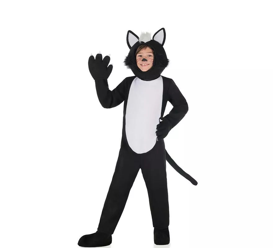 Disfraz de Gato Peludo negro y blanco para niños