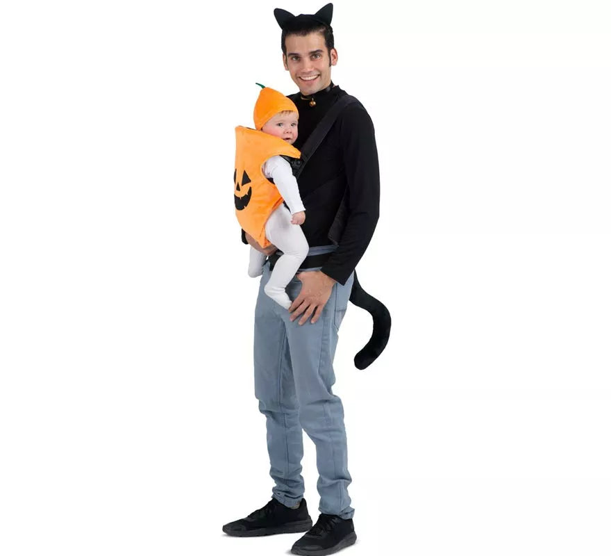 Disfraz de Gato y Calabaza con cubremochila para adulto y bebé