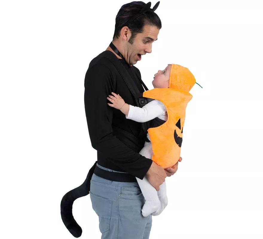 Disfraz de Gato y Calabaza con cubremochila para adulto y bebé